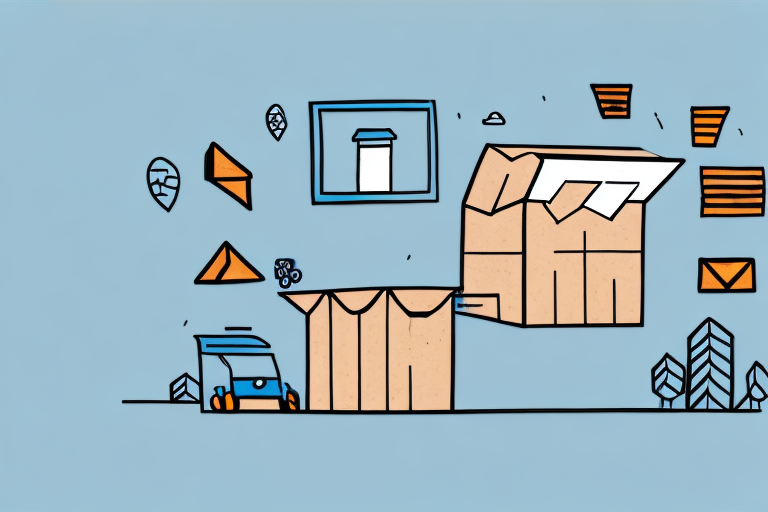 A stylized illustration features a large open cardboard box, possibly an Amazon package, with papers and envelopes scattered around. A small delivery robot and various mail icons like location pins are depicted against a light blue background, pondering what to do when it didnt receive its contents.