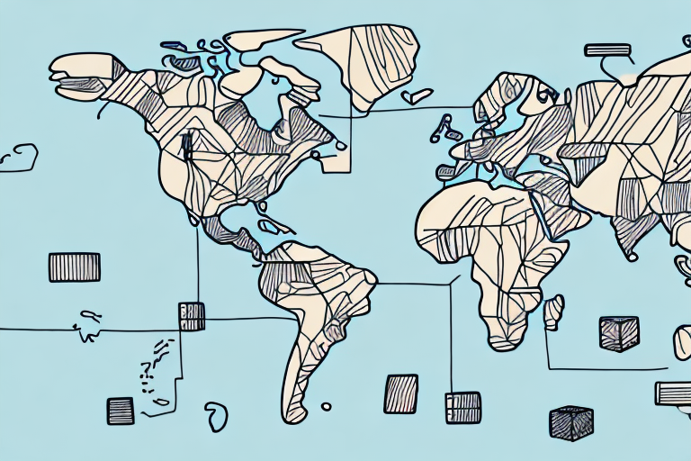 An abstract world map illustration on a light blue background, featuring continents outlined with black, irregular lines and geometric shapes scattered across the map, evokes the feeling of an Amazon Order lost in transit.