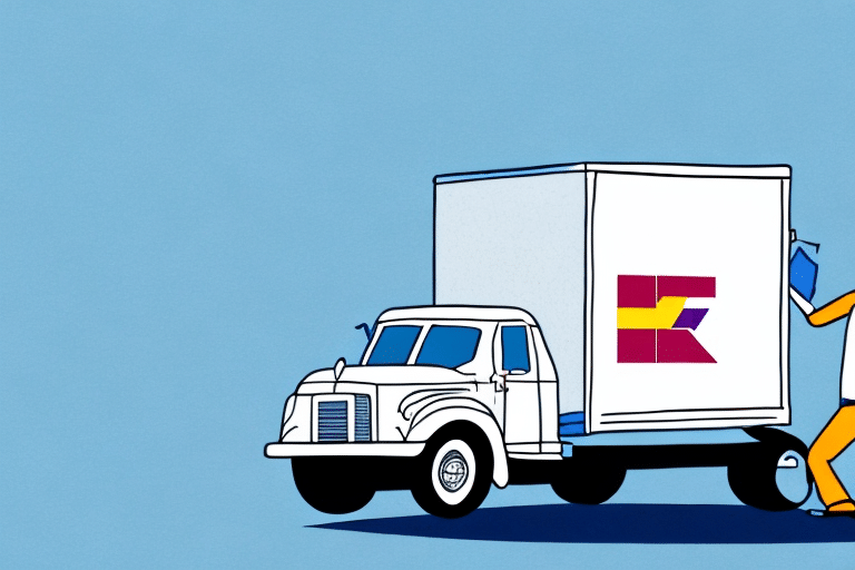 Illustration of a truck featuring a colorful logo with geometric shapes on its side, set against a blue background. A person wearing yellow pants and holding a megaphone stands near the rear, resembling the efficiency of FedEx Ship Manager.