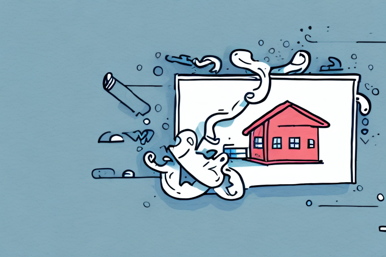 A cartoon-style drawing of a red house on a piece of paper, resembling a misdelivered UPS package. The paper appears to be smoking or steaming, with small wisps rising around it. The background is plain blue with scattered abstract shapes.