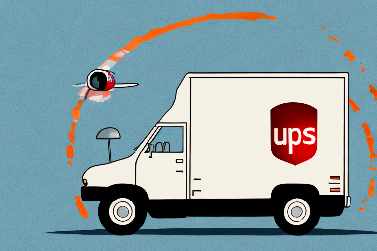 An illustration depicts a UPS truck with a shield logo parked on a blue background. Above it, a small drone with a camera hovers, leaving an orange trail as it flies—a symbolic twist amid potential UPS shipment cancellations.