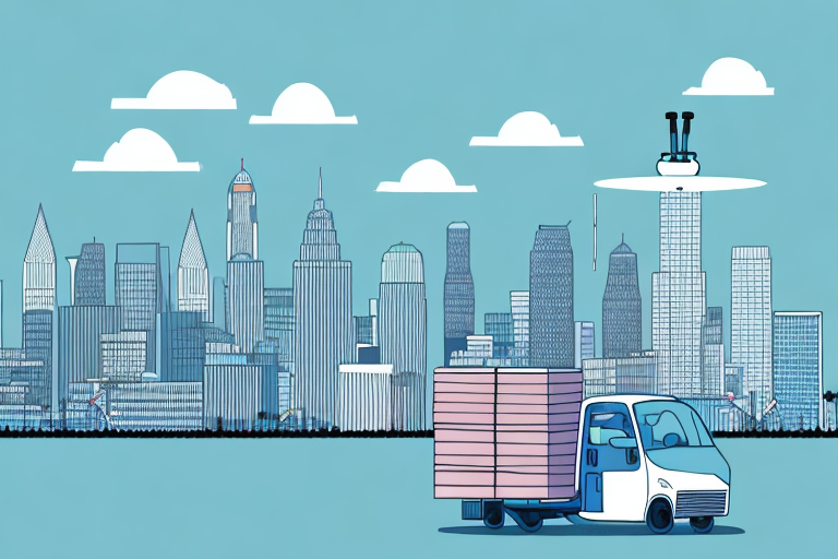 Illustration of a city skyline featuring various skyscrapers under a blue sky with clouds. In the foreground, an Amazon truck is delivering large pink boxes. Above a tall building, a person is upside down on a flying disk, adding whimsy to the bustling scene.