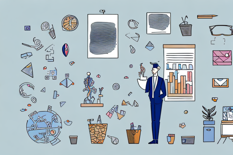 Illustration of a person in a suit surrounded by abstract elements, including charts, plants, eyeglasses, and a globe. The scene captures the favorite part of job satisfaction by blending creative and intellectual symbols with business and artistic elements.