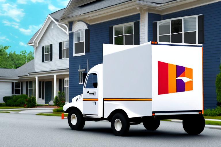 A white delivery truck with a colorful logo on the side, possibly delivering a FedEx package, is parked in front of suburban houses with blue siding. The sky is clear, the Not Home sign suggests an absent resident, and the neighborhood appears quiet.