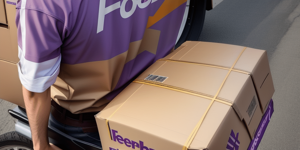 A delivery person in a purple and orange uniform, possibly using FedEx Ship Manager, carries two large cardboard boxes with labels, standing next to a vehicle. The person is partially visible and facing away from the camera, perhaps making a Saturday delivery.