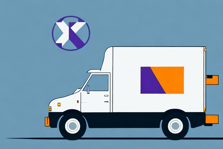 Illustration of a FedEx delivery truck featuring a logo with purple and orange accents on its side and door. The design includes a circle with a stylized X on the top left against a blue background, symbolizing efficient package delivery right to your door.