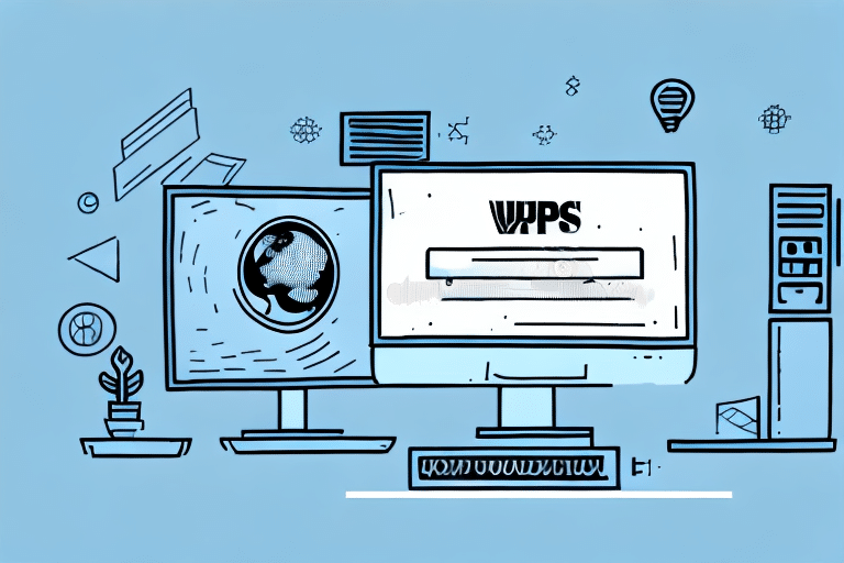 An illustration of a computer screen showcases a login page with WPS at the top. Surrounding elements like a globe on a monitor, geometric shapes, software icons, and a lightbulb enhance the scene, all set against a light blue background that resembles the UPS WorldShip download interface.