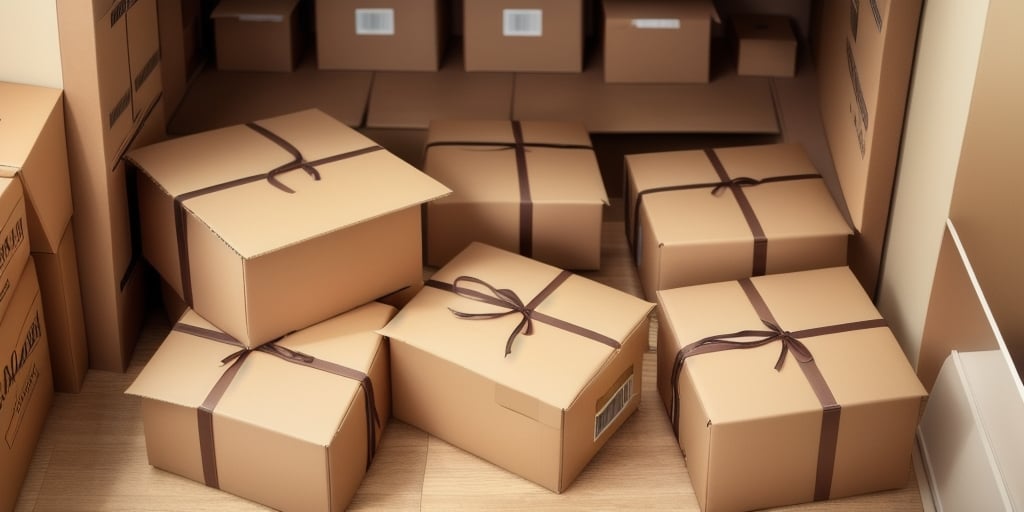 A room filled with neatly arranged cardboard boxes, each tied with dark brown ribbons from recent Wayfair returns. Some are stacked, while others lie individually on a wooden floor. The walls are lined with more boxes, creating a cozy and organized storage area for simplifying return shipping costs.