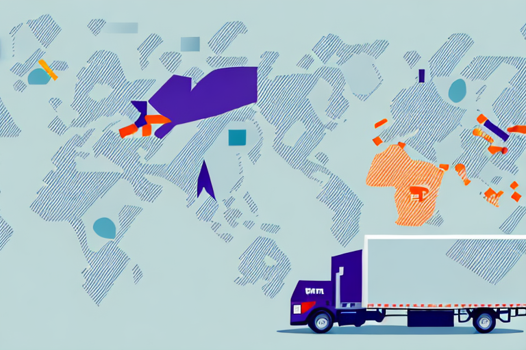 A stylized map with abstract arrows pointing across various continents depicts a FedEx Ground truck labeled ATM at the bottom right, symbolizing global transport and logistics. The map is awash in shades of purple, orange, and blue, highlighting package arrival and efficient shipping time.