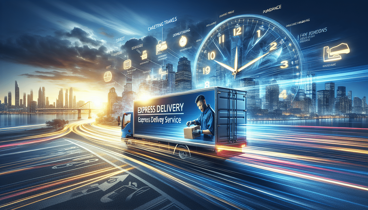 A futuristic cityscape showcases a delivery truck on a fast-moving road. A giant clock overlay and digital icons symbolize speed and efficient service, highlighting UPS Next Day Air Saver benefits. The skyline is lit by a sunset, emphasizing the concept of express delivery.