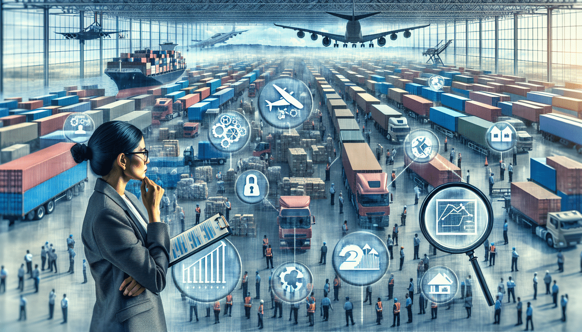 A person in a suit holds a tablet, overseeing a busy warehouse buzzing with 3PL operations. Icons of logistics, including planes, ships, and security, are overlaid. An airplane soars above as people navigate the area, highlighting the advantages of streamlined logistics solutions.