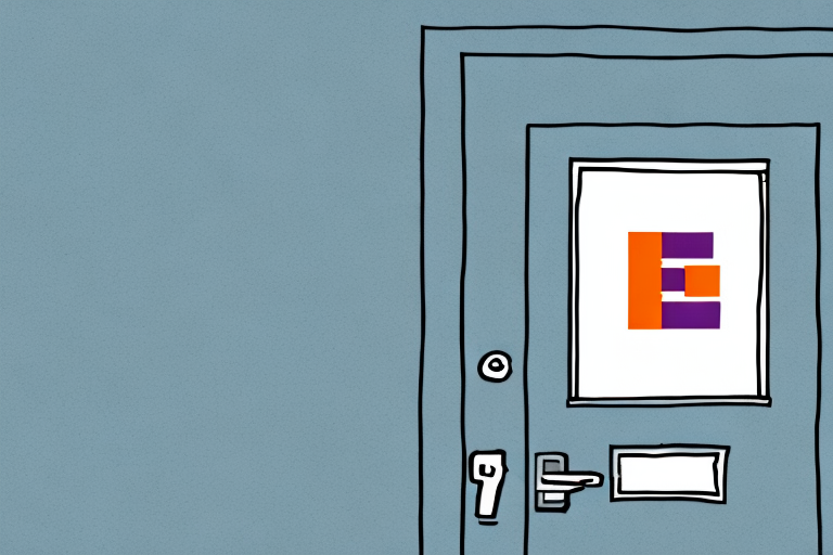 A simple gray door with a colorful orange and purple geometric design on a white square. The door features a modern handle, a mail slot, and neatly holds the FedEx Door Tag for authorizing shipments.