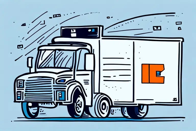 Illustration of a delivery truck with a stylized, geometric design. The FedEx delivery truck is mostly white with a blue outline, featuring an orange and black logo on the side. It is depicted against a light blue background with dashed lines indicating motion.