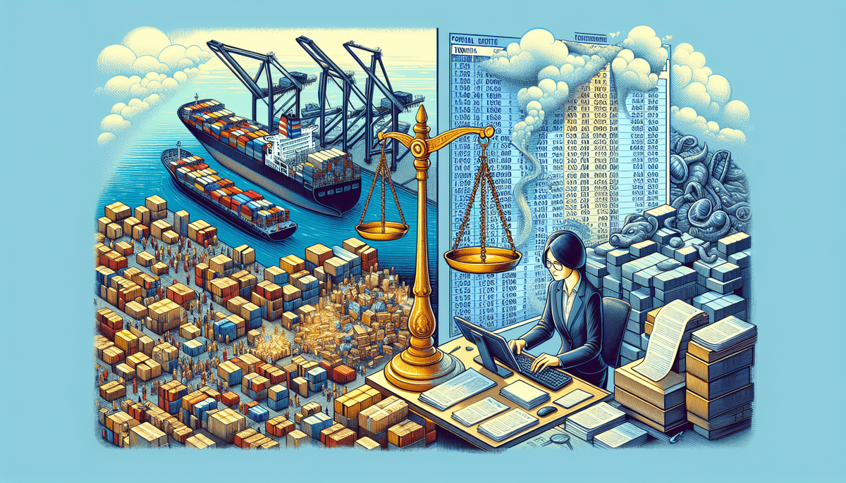 Illustration of a person working at a desk with a laptop, surrounded by stacks of paper and a giant scale. To the left, shipping containers, cranes, and cargo ships symbolize understanding applied tariff dynamics. The background features charts and graphs extending into clouds.