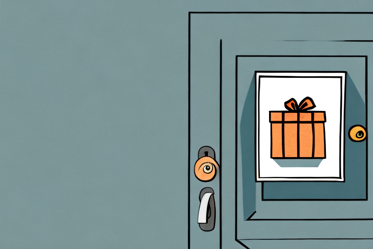 A teal door with a silver handle prominently displays a paper illustrating the meaning behind an orange gift box with a bow, hinting at a delightful door drop-off.