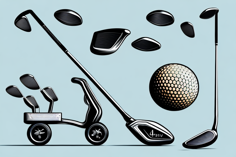 Illustration of various golf equipment: a set of clubs on a trolley, a large golf ball, and several individual clubs and heads arranged in a pattern on a light blue background, symbolizing the seamless experience of shipping golf clubs with UPS.