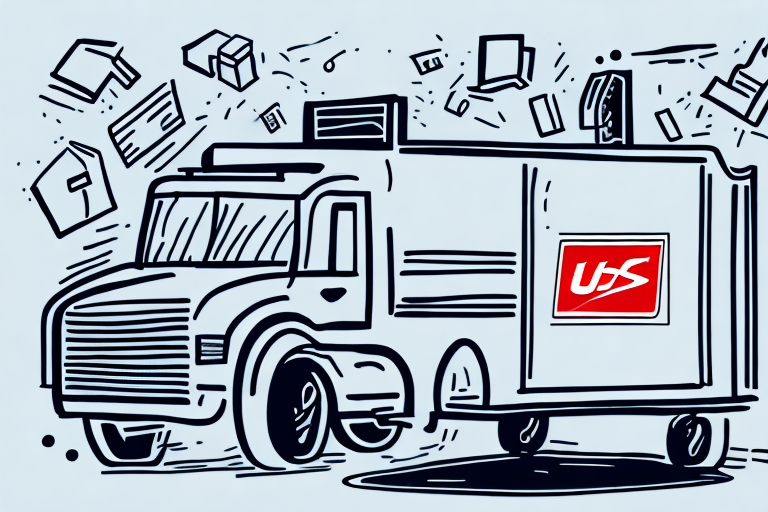 Illustration of a delivery truck with a red logo on its side, surrounded by airborne packages. The truck, reminiscent of USPS Ground Shipping, boasts a large front bumper and is shown in motion, suggesting speed and activity while efficiently guiding packages to their destination.