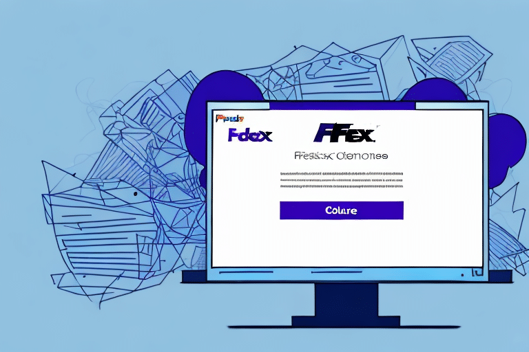 A computer screen displays a phishing attempt mimicking FedEx Ship Managers website with a login prompt. The background includes abstract drawings of papers and envelopes, illustrating the theme of communication and information, emphasizing the urgency to cancel package shipment safely.