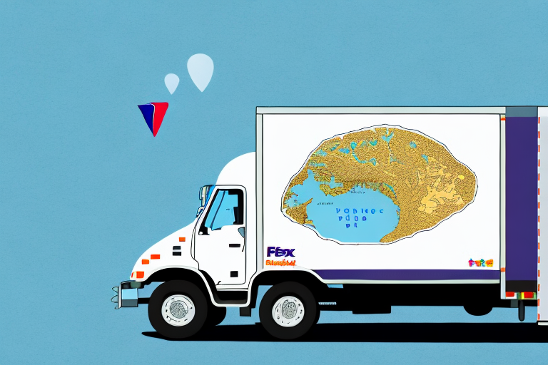 A delivery truck with a bright white exterior is parked against a blue background. Featuring a large, colorful map on its side, the FedEx truck stands out as two small, triangular balloons float above—one red and one blue.