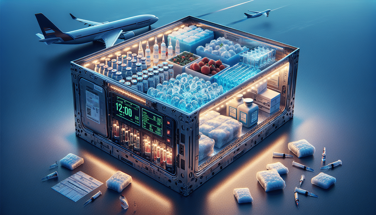 A futuristic refrigerated cargo container, crucial for temperature-sensitive products like vaccines and syringes, is depicted. Two airplanes soar in the background on a surreal reflective surface, underscoring advanced intervention capabilities.