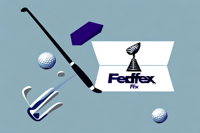 A stylized illustration showcases golf equipment—clubs, balls, tees, and a bag. A trophy graphic stands proudly beside the FedEx text with Ffx beneath it, all set against a muted blue background. Consideration for FedEx shipping rates adds a practical note to this striking visual.