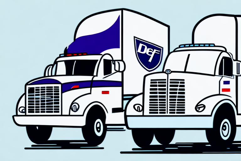 Illustration of two white semi-trucks with blue and red accents, reminiscent of USPS vehicles. The truck on the left features a blue wave design on its trailer, while the one on the right displays a shield emblem with Def written on it. Both trucks boast stylized headlights.