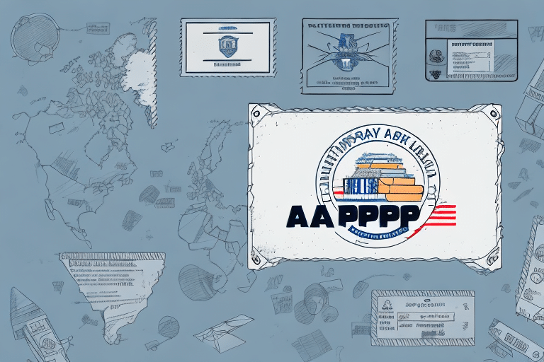 A sketchy collage featuring a world map, documents, and certifications surrounding a central emblem labeled AAPPPP with a graduation cap and book. Intricate details fill the background, weaving in themes of educational pursuits and global connections, hinting at APO Shipping routes to military bases.