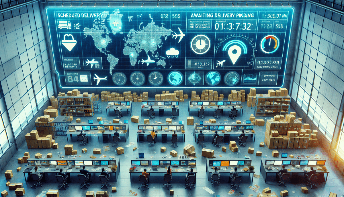 In a high-tech warehouse control room, large digital screens display global shipping data and weather forecasts, alongside updates on scheduled deliveries pending. Packages are scattered around workstations staffed by people expertly managing logistics and understanding delivery status.