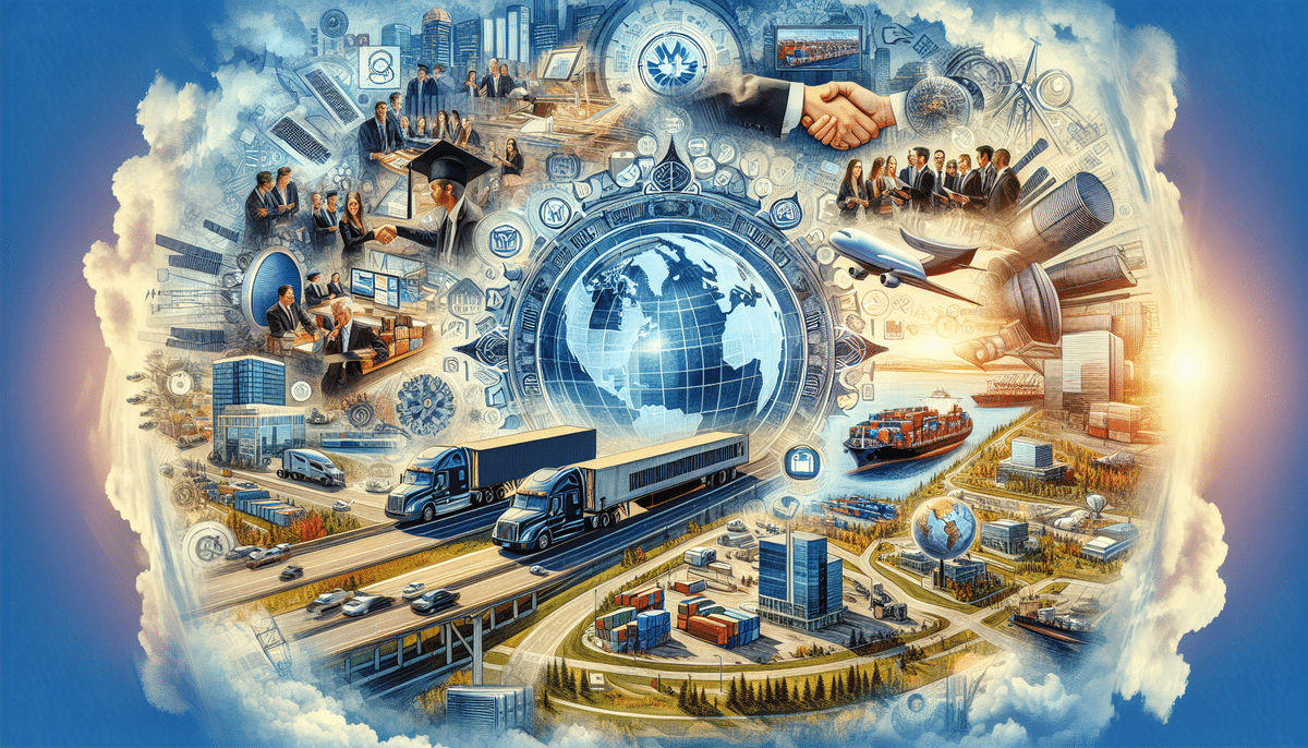 A concept illustration depicting global trade and logistics highlights freight forwarding at its core. In the center, a globe is surrounded by interconnected images of trucks, ships, planes, gears, people, technology, and infrastructure under a blue sky with clouds.