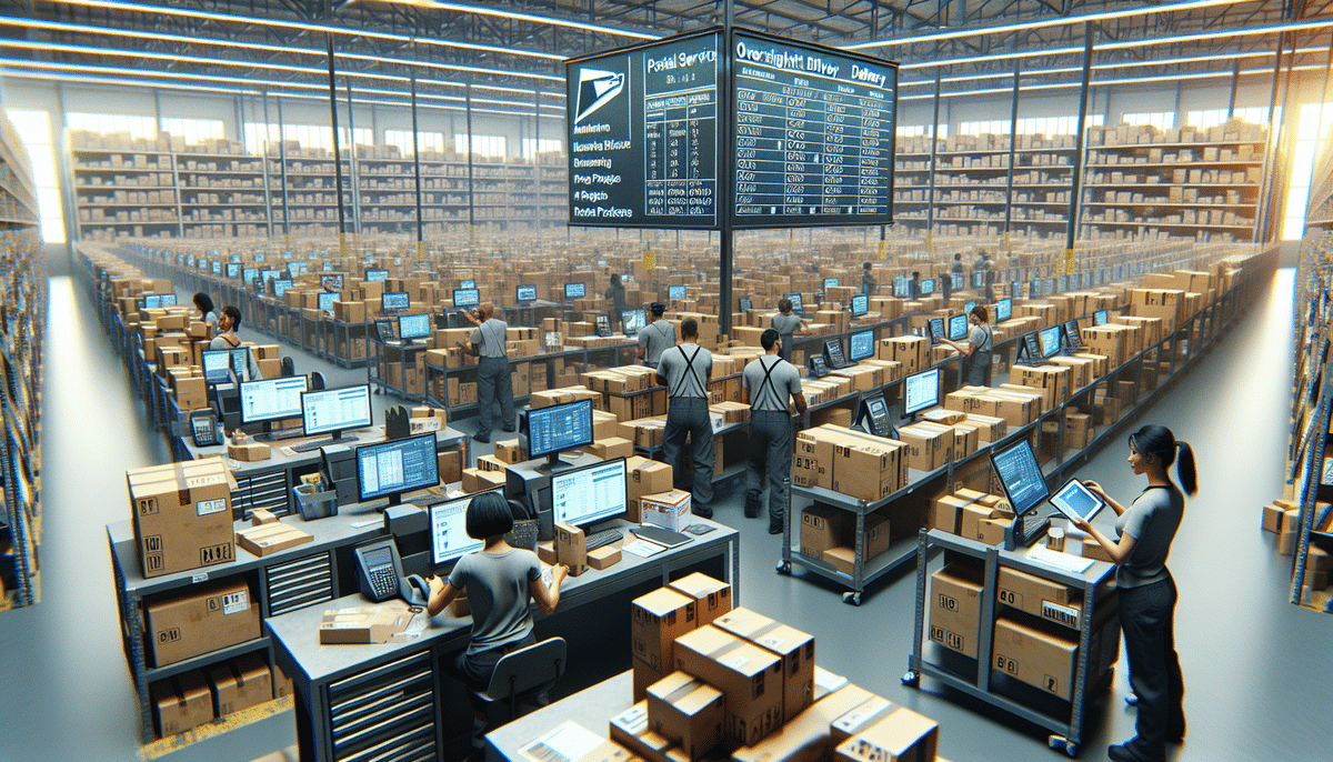 A bustling warehouse filled with rows of shelves stacked with boxes. Workers use computers and tablets for inventory, while a digital screen displays order updates. Shipping rates are managed efficiently, and the well-lit space with high ceilings offers an expansive view of the busy operations.