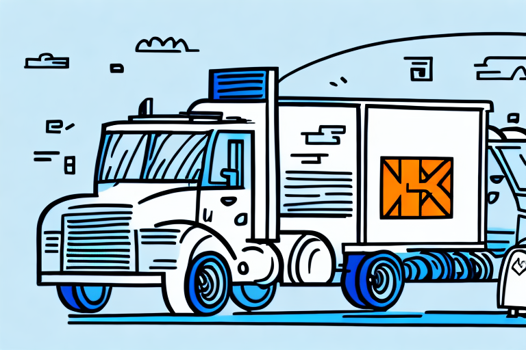 Illustration of a white semi-truck with a blue cab and a rectangular orange logo on the trailer, reminiscent of FedEx branding, driving on a light blue background adorned with abstract line art and cloud patterns, symbolizing real-time shipping rates integration.