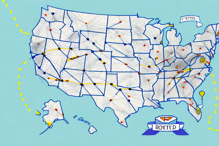 Illustrated map of the United States with crisscrossing lines connecting cities. Yellow arrows and a blue border highlight routes. A banner at the bottom reads ROUTE 1, reminiscent of a FedEx Transit Map, and a few dots are marked with red or yellow symbols.