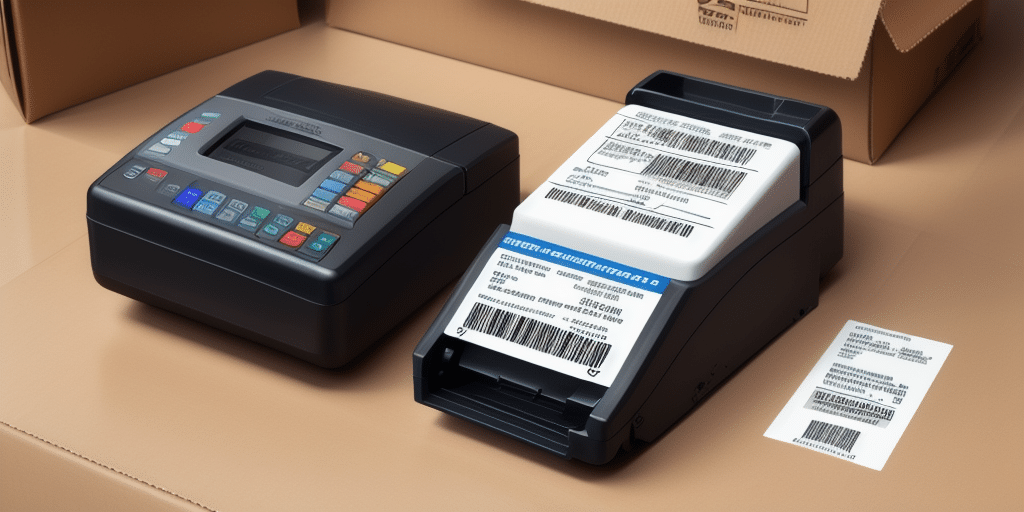 A thermal label printer rests on a cardboard box, with printed shipping labels emerging from it. A digital keypad device sits beside the printer, ready for use with UPS Worldship. Several shipping labels with barcodes are clearly visible atop the box.