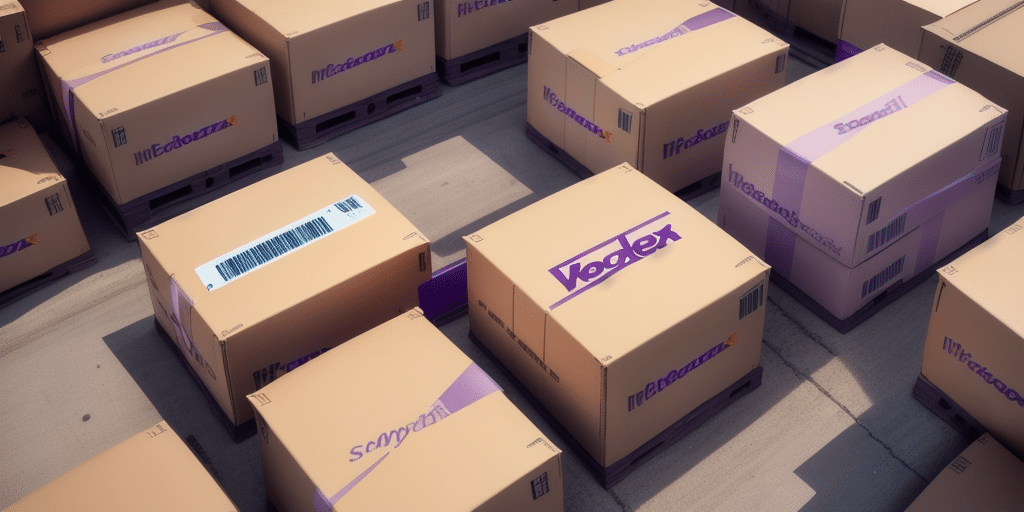 Numerous cardboard boxes with Veedex and Meedear logos are stacked on a warehouse floor, reminiscent of a bustling FedEx distribution center. Some boxes feature barcodes and purple tape. Sunlight casts shadows on the boxes, creating a pattern of light and dark areas.