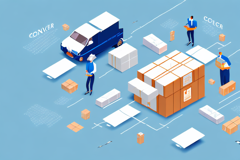 Illustration of a courier delivery process: a van, two people with packages, and various boxes on a blue background with lines indicating movement. Labeled CONVEY and COLDER, it captures the essence of local logistics and shipment management service.