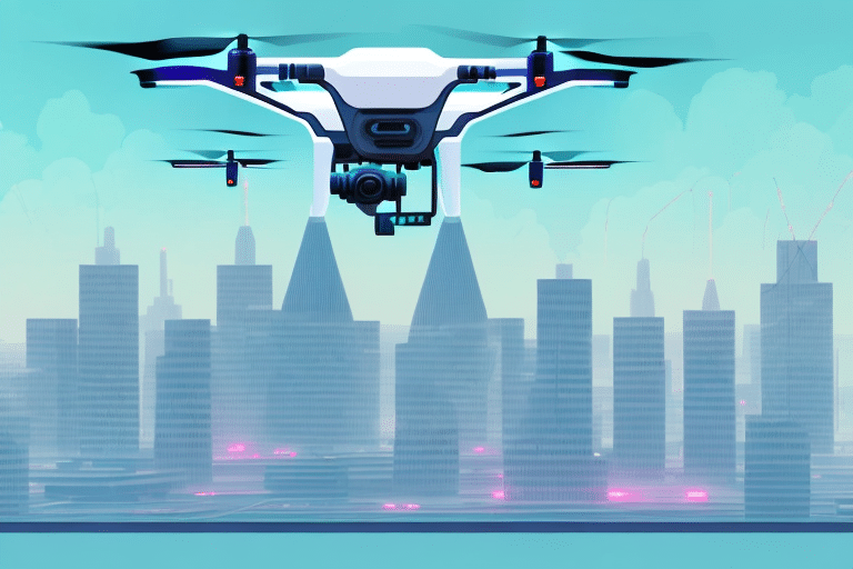 A white drone, part of the e-commerce industry revolution, flies with a camera in front of a futuristic city skyline, silhouetted against a teal sky with pink lights reflecting in the background.