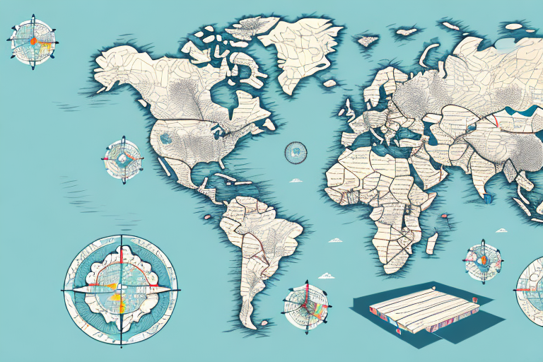 Illustrated world map on a teal background, featuring intricate compass designs and a stack of books in the bottom right corner, reminiscent of plotting journeys and anticipating FedEx Time in Transit for precise arrival times.