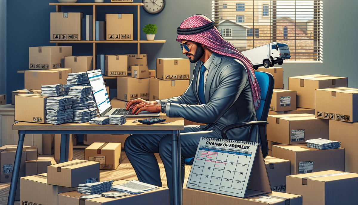 A man in traditional attire works on a laptop at a desk cluttered with stacks of papers. Surrounded by boxes marked UPS Address Update in an office, he focuses intently. A calendar on the desk reads Change of Address, while a small truck figurine sits atop a stack near the window.