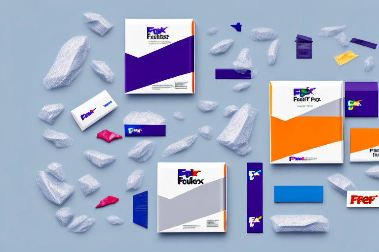 A collection of various white and colorful FedEx packaging boxes and foams is scattered on a light blue surface. The packaging features bold purple, orange, and blue designs with text, reflecting the vibrancy of FedEx Express Saver options in Ground Shipping services.