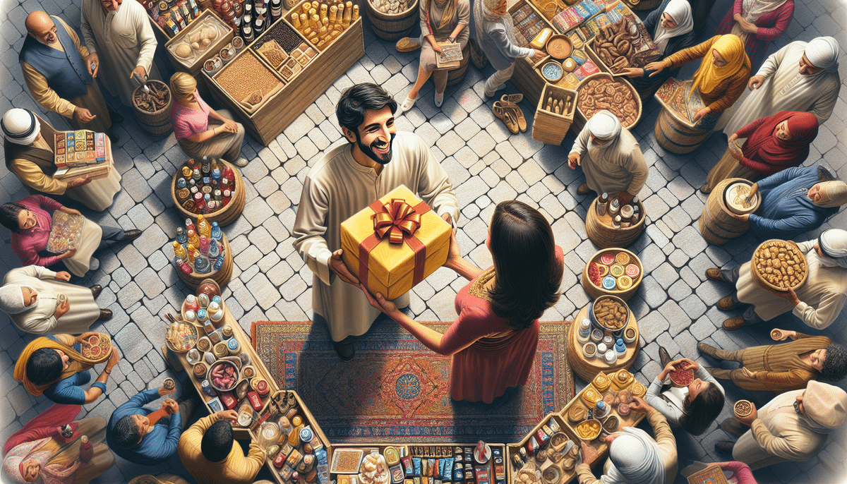 A bustling marketplace scene from above. A man presents a free gift—wrapped with a bow—to a woman. Surrounding them are various colorful stalls where people browse and make purchases of spices, fabrics, and pottery on the cobblestone street.