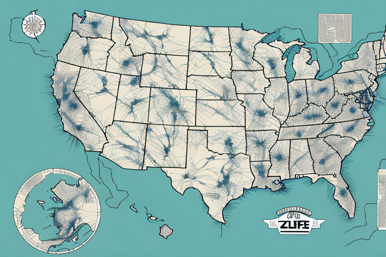 A stylized map of the United States highlights transportation routes, with blue lines depicting connectivity across states. Insets include a map of Alaska and a creative compass rose. A LIFE logo is positioned at the bottom, subtly hinting at UPS Ground Shipping routes across various zones.