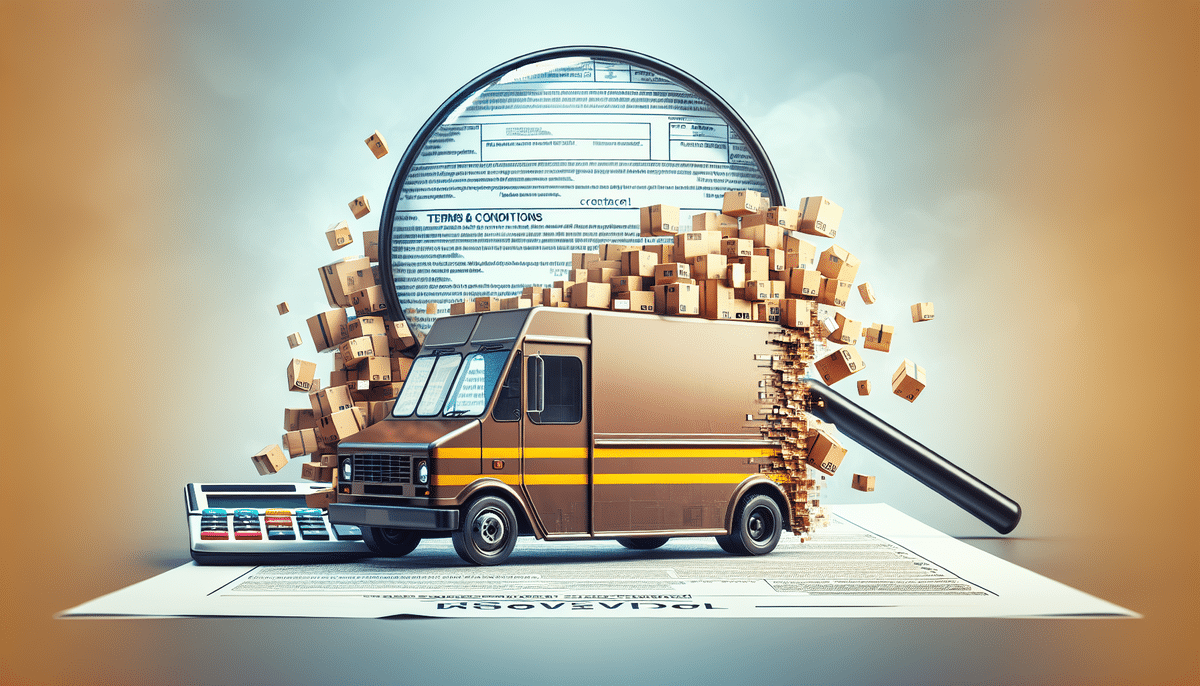 A delivery truck overflowing with packages stands beside a giant magnifying glass that highlights terms and conditions on a document. A calculator is nearby, symbolizing logistics, analysis, and shipping processes for residential delivery amidst the nuances of UPS Chargeback policies.