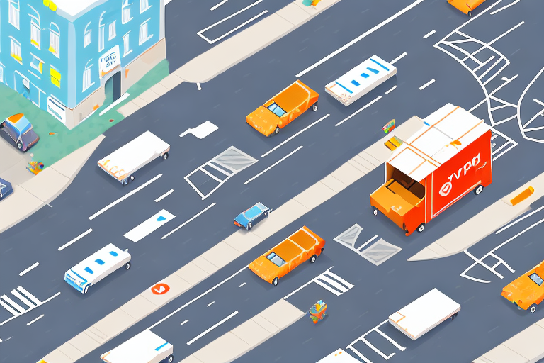 Illustration of a busy street with various vehicles, including cars, trucks, and vans, efficiently navigating a multi-lane road. A distinctive red food delivery truck is prominent. Surrounding are buildings, sidewalks, and crosswalks, depicting an urban environment optimized for swift routes.