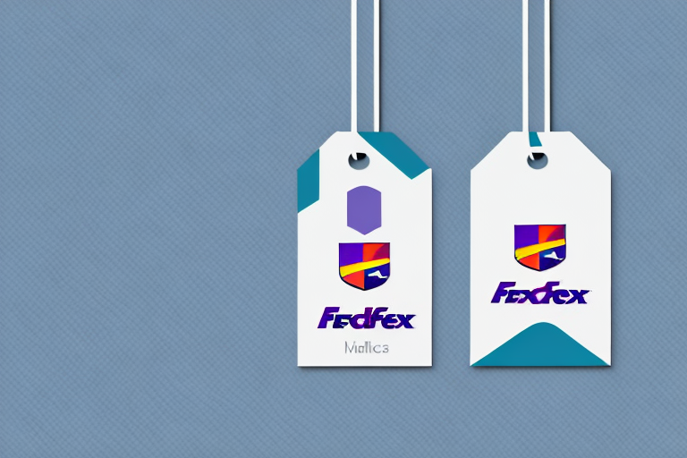 Two tags hang against a blue background, showcasing the colorful shield logo with FedFex in purple. The left tag features a geometric top design, while the right mirrors this style with blue accents—perfect for use with FedEx Ship Manager or as a sleek call tag option for shipping.