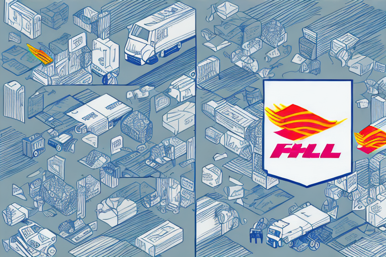 A cartoon-style illustration of a bustling warehouse showcases various packages, delivery trucks, and workers. Set against a blue background, a shield featuring a red and yellow wave design prominently displays the letters FHL, evoking the lively spirit reminiscent of companies like FedEx or DHL.