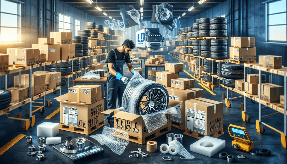 A worker in a bustling warehouse wraps a car tire with bubble wrap to ensure it can be shipped safely. The space is filled with stacked tires, rims, and cardboard boxes. Various automotive tools and parts are visible on a table nearby.