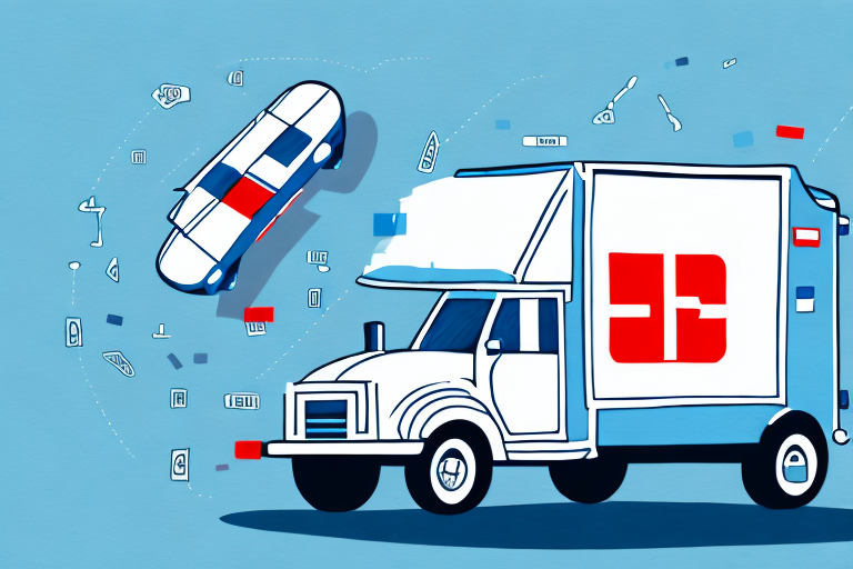 Illustration of a delivery truck and a flying car in a futuristic setting, highlighting efficient blood transport. The scene is dynamic, with various digital icons surrounding the vehicles against a blue background. The truck features a red logo on its side.