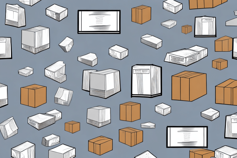 Illustration of various shipping packages and boxes in a scattered pattern on a gray background, featuring different sizes and shapes, in shades of white and brown, reminiscent of a busy fulfillment center.