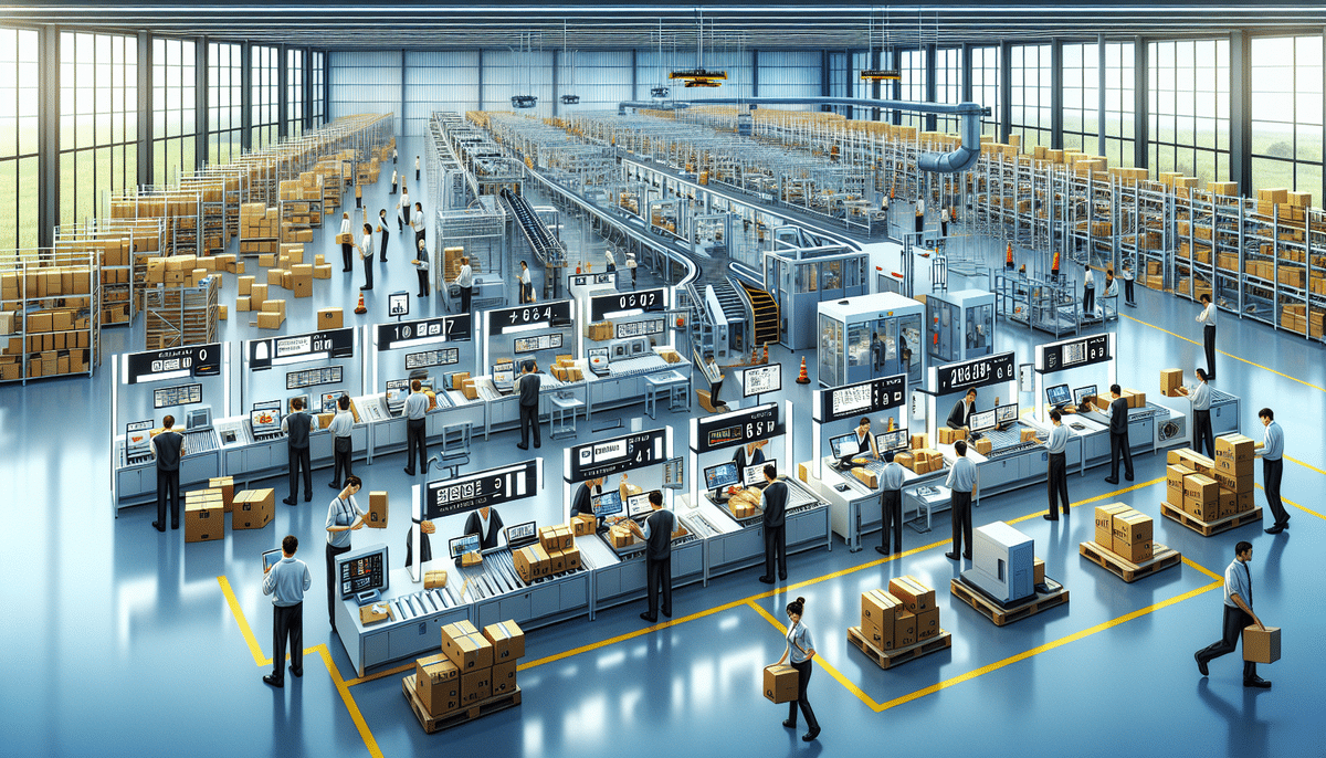 A spacious, modern warehouse with high ceilings, large windows, and efficient warehouse management features multiple conveyor belts transporting packages. Employees are working at various packing stations, surrounded by shelves filled with boxes, under bright lighting.