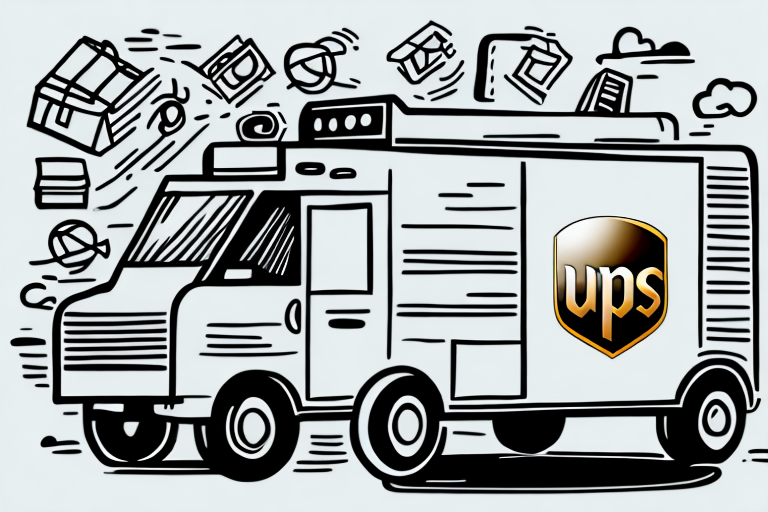 Illustration of a delivery truck with the UPS logo, highlighted by flying packages and envelopes, capturing the dynamic essence of movement and service. The scene subtly emphasizes efficient shipping rates that keep everything flowing seamlessly.